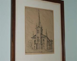 Anne Goldthwaite lithograph of Court Street Methodist Church 1929 Centennial with provenance on reverse