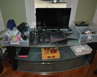 GLASS TV STAND, SMALL FLATSCREEN, ASUS WI FI ROUTER EXTENDER