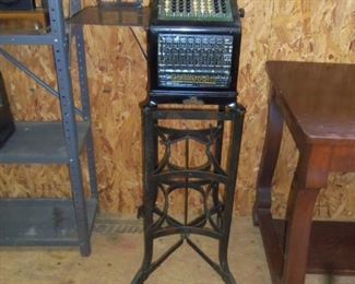 Rare Antique Burroughs Style No 9 Adding Machine With Beveled Glass & Original Iron Stand