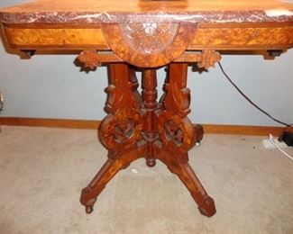 ORNATE PEDESTAL WOOD TABLE WITH MARBLE TOP