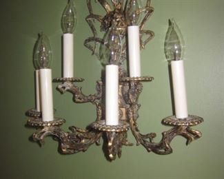 Pair Brass Ornate Wall Sconces