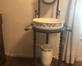 Antique wash  basin bowl stand with mirror, wash bowl, pitcher, soap dish, brass towel racks - Boch Malia porcelain  from Belgium 