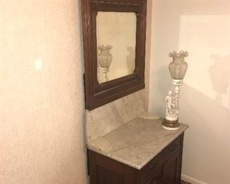 Antique Eastlake marble top wash stand with mirror (matching with dresser), cherub lamp