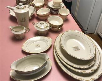  Syracuse Governor Clinton china set- place settings and serving pieces with coffee pot/sugar/creamer - 8 9pc. place settings (dinner, salad, dessert, b/b, c/s, cream soup/saucer, cereal bowl and platters, gravy boat, relish dish, 3 platters