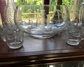 1950s bamboo etched glassware with original boxes