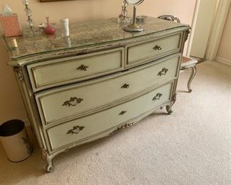 French style painted four drawer chest. Matching twin beds, bedside table, dressing table and  chair