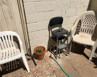 Patio chairs, vintage high back chair/step