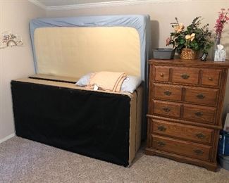 King size bed w/hollywood frame...Tufted headboard and footboard.  5 drawer chest
