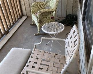 patio furniture, stools, tables, wicker rocking chair