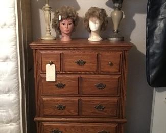 Chest of drawers, Two wigs, lamps