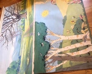We laid out these old roller shades that are painted on both sides... quite interesting, a little rough but whimsical and cute, maybe used in a middle school or high school play production sometime in 1930's-1950's?