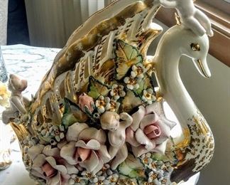 antique Capodimonte Italian swan planter pair
