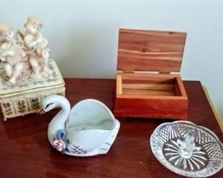 angel trinket box, swan trinket box/planter, wooden box, & crystal ring holder