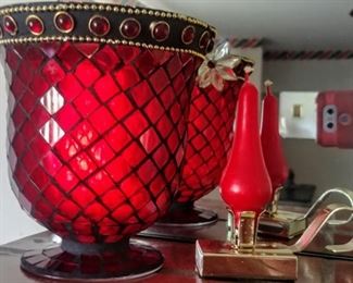 red mosaic candle holder/urn; vintage candle holder with matchbox storage
