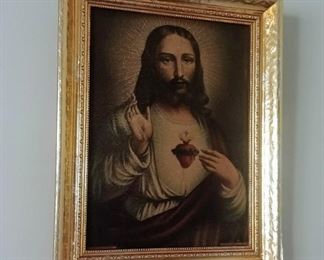 vintage Sacred Heart of Jesus artwork in gold frame