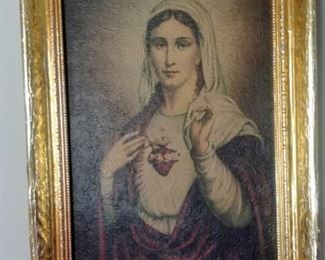 vintage Sacred Heart of Mary artwork in gold frame