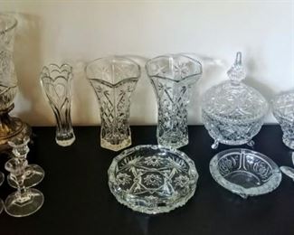 cut-glass: lamp, vases, candy dishes (crystal), candle holders, & ashtrays