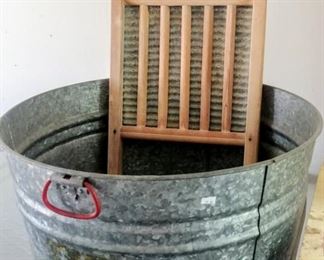 metal washbasin and "National Washboard Co" washboard