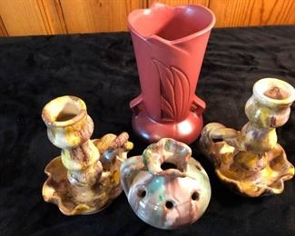 Roseville Vase and Ceramic Candlesticks https://ctbids.com/#!/description/share/181437