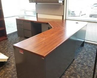 L Shaped Wood And Metal Office Desk With Upper Cabinet
