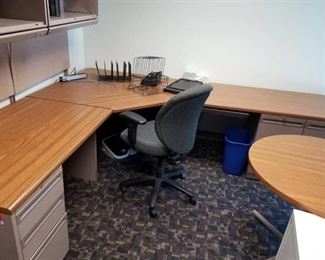 L Shaped Office Desk, With Computer Chair and Upper Cabinets