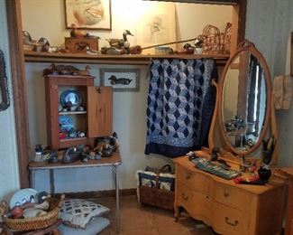 dresser, cupboard, wood decoys, quilts