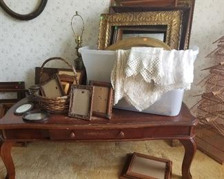 vintage coffee table, frames, etc.
