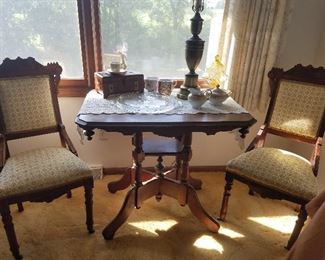 walnut table and 2 Eastlake style chairs