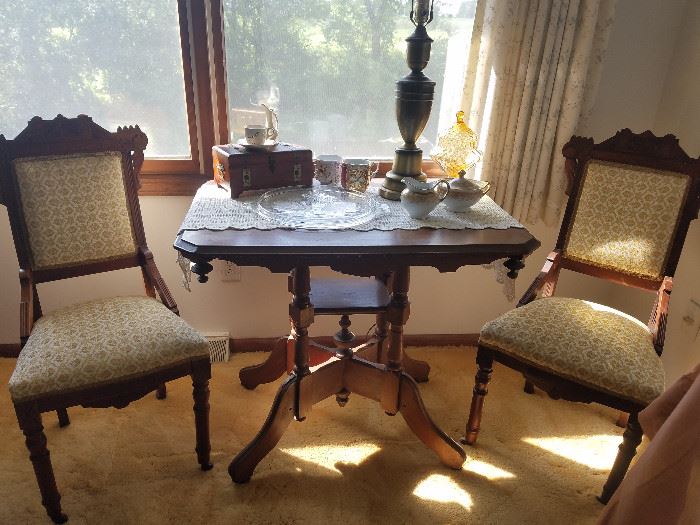 walnut table and 2 Eastlake style chairs