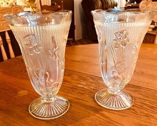 Pair of Jeanette Iris & Herringbone Clear Glass Footed Vase