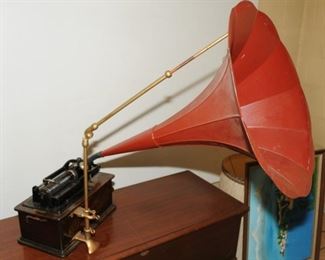 EDISON HOME CYLINDER PHONOGRAPH WITH LARGE HORN WITH STAND