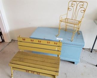Painted Chest, Small Bench, and Chair