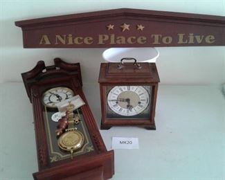 Two Wind Up Clocks and Decorative Sign