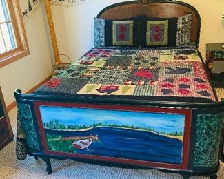 Some of the Unique Hand Painted Furniture Local Artists,  Antique Deco Bed with Curved Footboard painted  water  landscape, Twin Beds Chest of Drawers.  Decorative items galor.