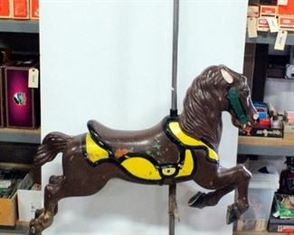 Carousel Horse On Pole With Rolling Wood Base 78.5"H x 51"W x 16"W
