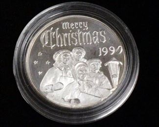 1 Troy Oz. .999 Silver Coin, Merry Christmas 1990 On Obverse, Bird And Holly Wreath On Reverse