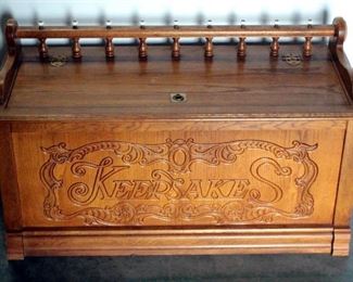 Wood Keepsake Chest With Word "Keepsake" Carved In Front, Hinged Lid With Brass Pull, 23"H x 42"W x 18"D