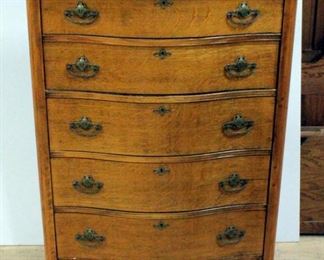 Antique Chest of Drawers With Curved Front, 5 Drawers, Brass Pulls, On Wheels 46.5"H x 32"W x 20"D