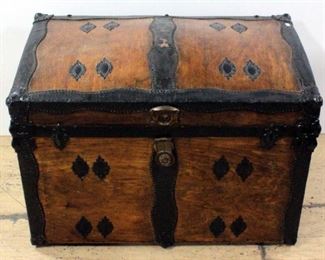 Vintage Wood Camelback Trunk With Leather And Brass Accents, Side Handles, Wood Inner Tray And Fabric Lining 25"H x 35"W x 22"D