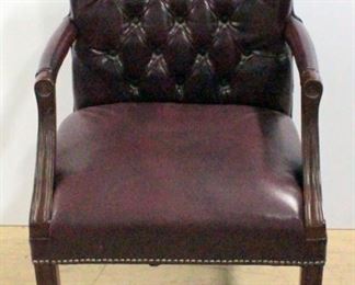 Leather Style Side Arm Chair With Brass Button Accents, 33.5"H x 24"W x 26"D