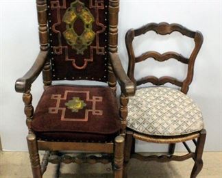 High Back Upholstered Arm Chair With Brass Button Accents 46"H x 21.5"W x 17.5"D And Wood Cane Bottom Chair With Tie-On Padded Seat