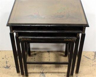 3 Nesting Tables With Oriental Fishing Scene, Glass On The 2 Larger Tables, 25.5"H x 24"W x 16"D