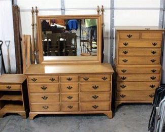 Davis Cabinet Co. Walnut Bedroom Set Including Dresser With Mirror, Chest Of Drawers And Night Stand, Dovetail Construction, Brass Pulls