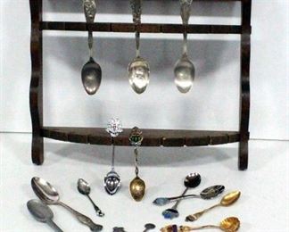 Souvenir Spoon Collection On Wood Rack, Qty. 18 Spoons