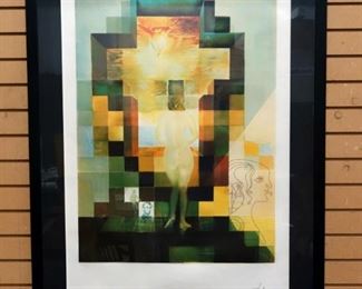 Signed Salvador Dali Print Of Gala Contemplating The Mediterranean Sea, Becomes Abstract Of Abraham Lincoln At A Distance, Framed 48"H x34.5 "W