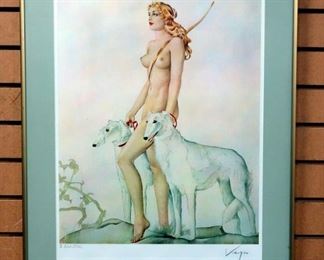 Alberto Vargas Autographed Print Of Two Dogs And Woman, Signed And Numbered 322/500, Matted Framed Under Glass 21.5"W x 29"H