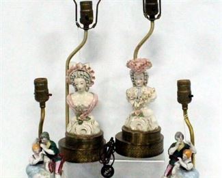 Pairs Of Parisian And Colonial Vintage Table Lamps With Porcelain Figurines And Metal Bases, Total Qty. 4, All Power On