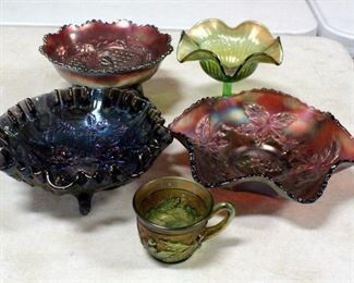 Carnival Glass Including 1910 Fenton Bowl, Amethyst Rose, Northwood Compote And More, Total Qty. 5