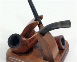Decatur Ind. Wood Pipe Stand WIth Glass Tobacco Jar And Two Pipes On Stand