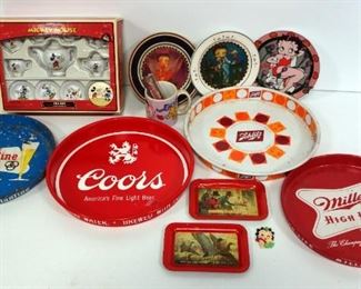 Betty Boop Dishware, Miller And Schlitz Beer Serving Trays And Mickey Mouse Tea Set
